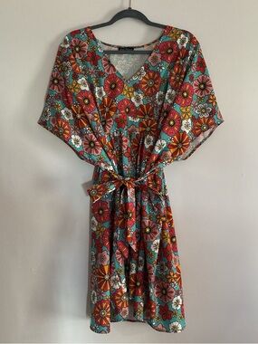 Smak Parlour Floral V-Neck Caftan Dress in Aqua, Pink & Yellow